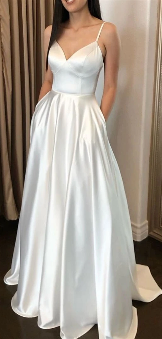Straps Long A-line Light Ivory Satin Prom Dresses, Long Prom Dresses, Popular 2020 Prom Dresses