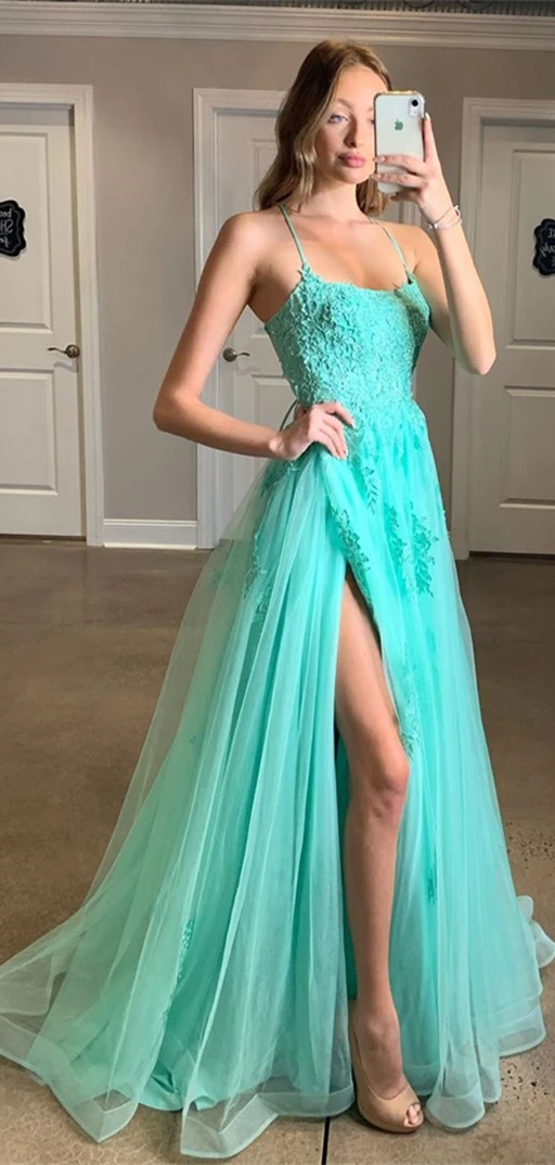 Spaghetti Long A-line Lace Tulle Prom Dresses, Side Slit Prom Dresses, Long Prom Dresses