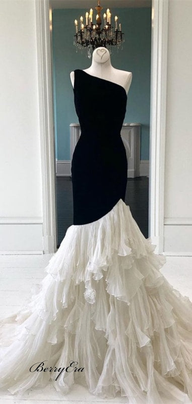 One Shoulder Black Jersey Top Ivory Chiffon Prom Dresses Cheap Prom Dresses
