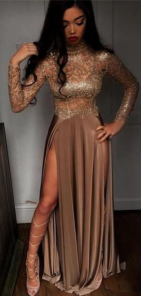 Long Sleeves Sequin Sexy High Side Slit Prom Dresses