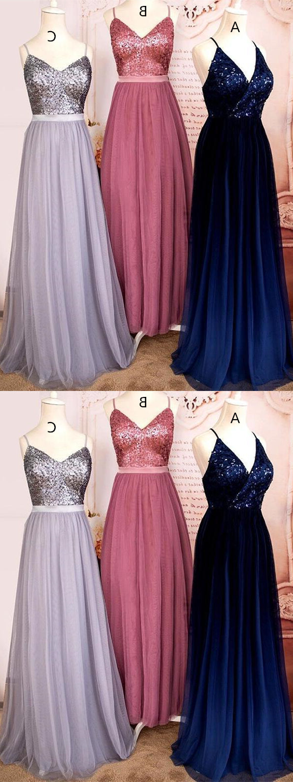 Spaghetti Long A-line Sequin Top Prom/Bridesmaid Dresses, Long Prom Dresses