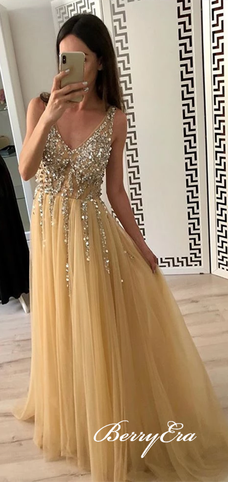 V-neck Sequin Beaded Top A-line Tulle Prom Dresses, Yellow Prom Dresses, Affordable Prom Dresses