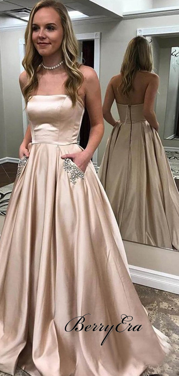 Strapless Nude Satin A-line Prom Dresses With Pockets, Beaded Long Prom Dresses