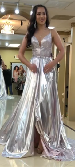 2 Pieces Silver Shiny Chiffon Long Prom Dresses, Chic Long Prom Dresses, 2020 Prom Dresses