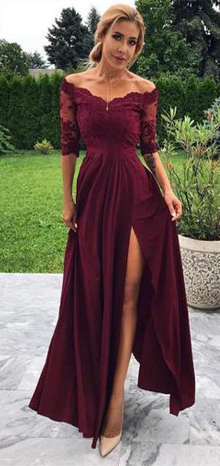 Off Shoulder Half Sleeves Lace Jersey Prom Dresses, Bridesmaid Dresses, Cheap Prom Dresses