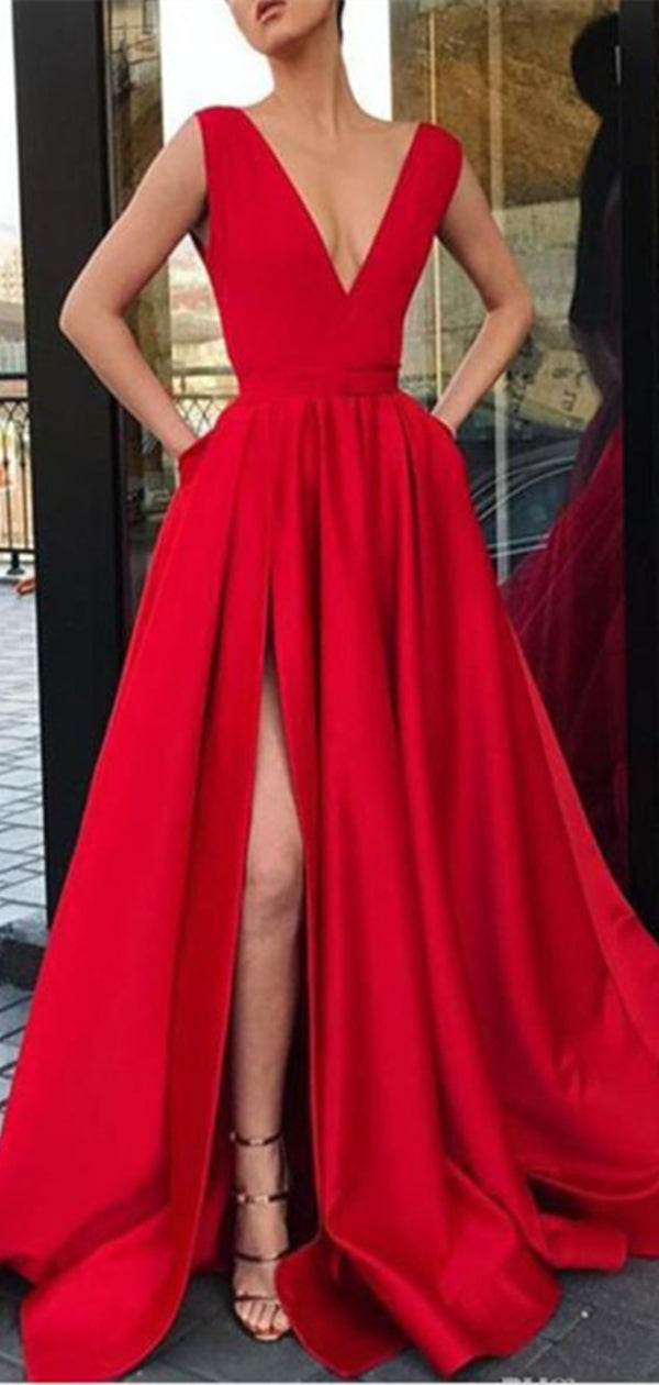 Simple V-neck Long A-line Prom Dresses, Side Slit Red Prom Dresses