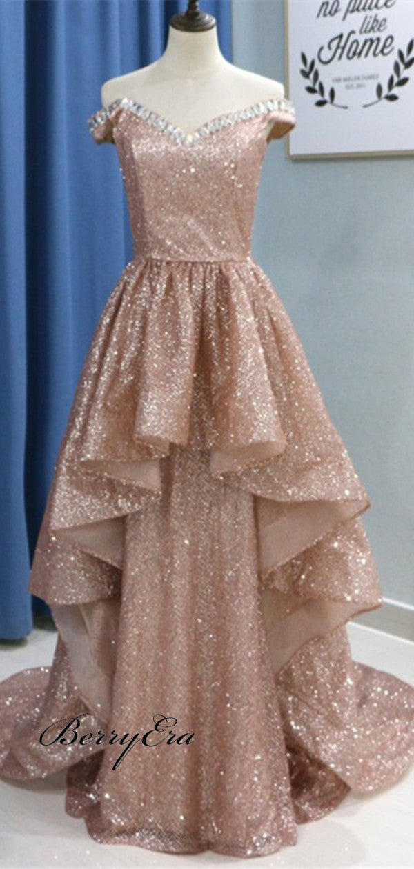 V-neck Off Shoulder Long Prom Dresses, Rose Gold Shiny Prom Dresses