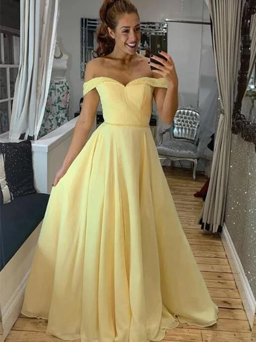 Off Shoulder Long A-line Yellow Chiffon Prom Dresses, Lovely Elegant Prom Dresses, 2020 Prom Dresses