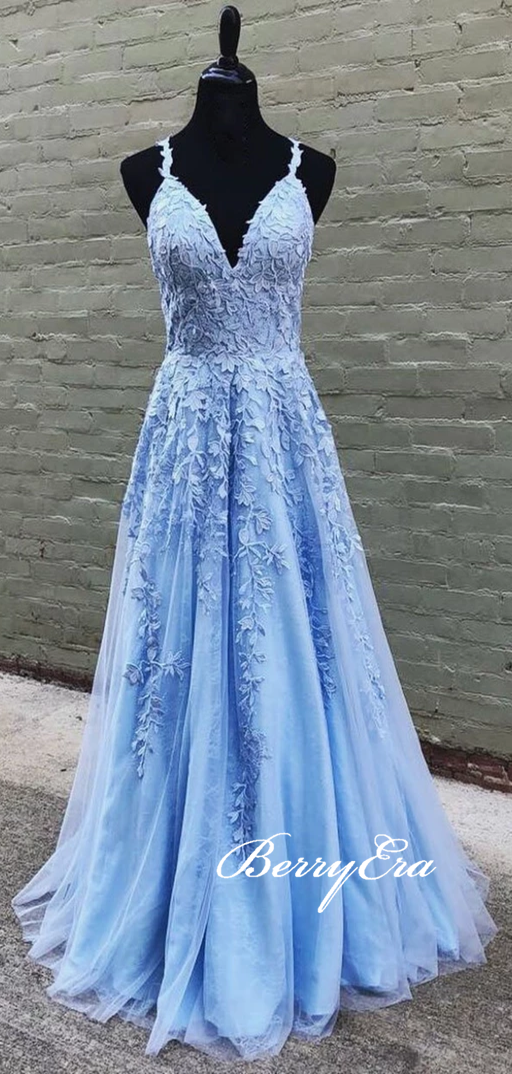 Spaghetti Long A-line Light Blue Lace Prom Dresses, Long Prom Dresses, 2020 Prom Dresses