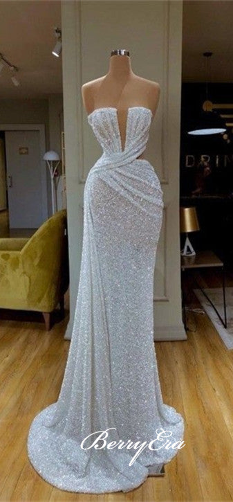 Strapless White Sequin Long Sheath Prom Dresses, Formal Evening Dresses, 2020 Prom Dresses