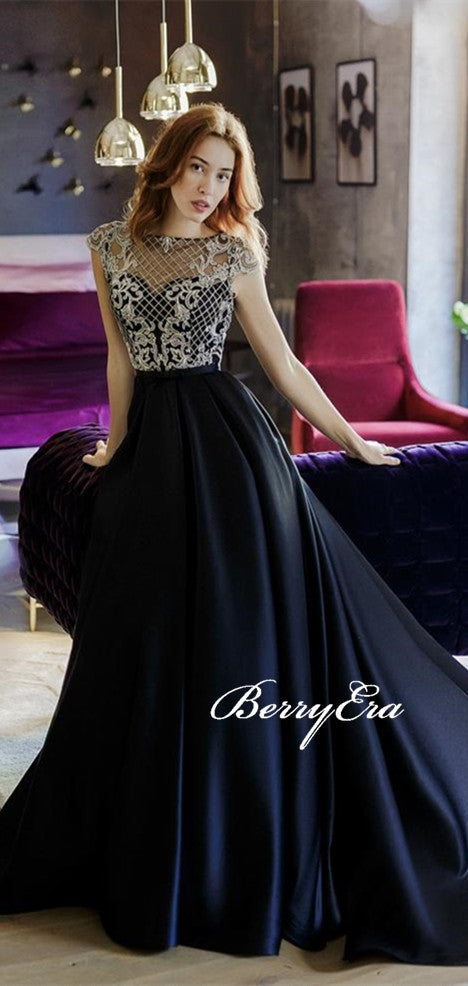 Cap Sleeves Lace Satin Prom Dresses, A-line Prom Dresses, 2020 Prom Dresses, Newest Prom Dresses