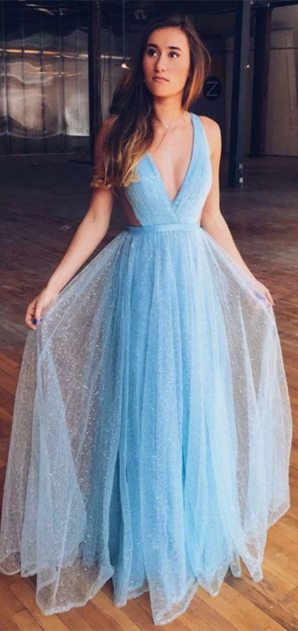 Deep V-neck Light Blue Sequin Tulle Prom Dresses, Shiny Prom Dresses, Long Prom Dresses