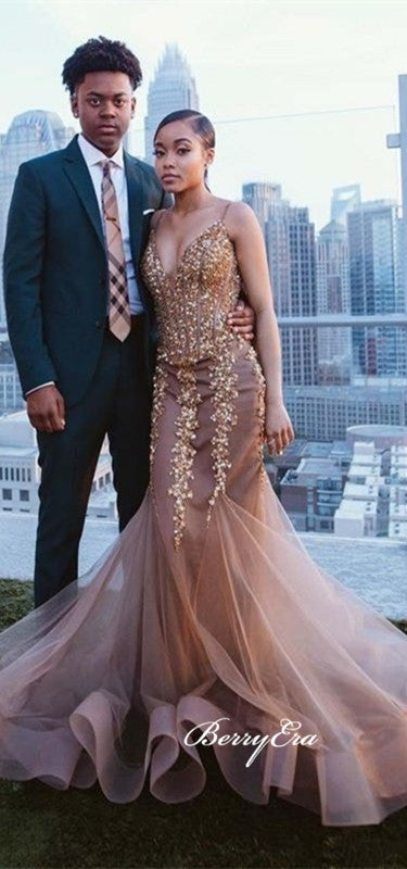 Spaghetti Long Mermaid Lace Beaded Prom Dresses, 2020 Prom Dresses, New Popular Prom Dresses