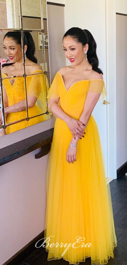 Constance Wu Off Shoulder Yellow Tulle Prom Dresses, Long Prom Dresses, Celebrity Dresses