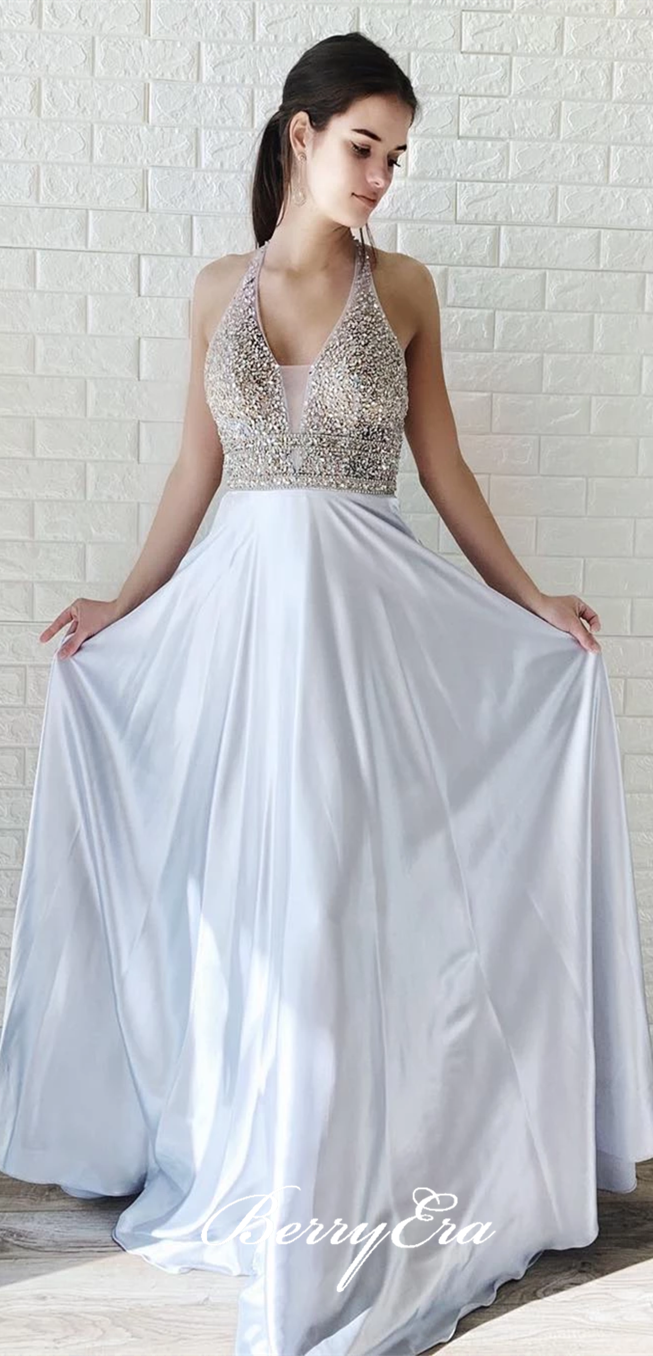 Halter Beaded Top A-line White Satin Prom Dresses, Backless Long Prom Dresses, Newest Prom Dresses