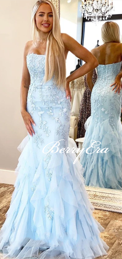 Strapless Long Mermaid Light Blue Lace Tulle Prom Dresses, Long Prom Dresses, Mermaid Prom Dresses, 2020 Prom Dresses