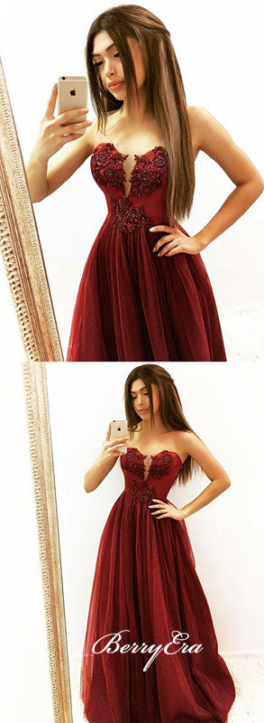Sweetheart A-line Burgundy Appliques Beaded Prom Dresses, Tulle Prom Dresses