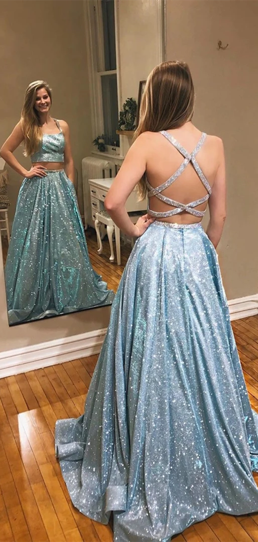 2 Pieces Light Blue Shemmering Fabric Long Prom Dresses, 2020 Prom Dresses, Long Prom Dresses