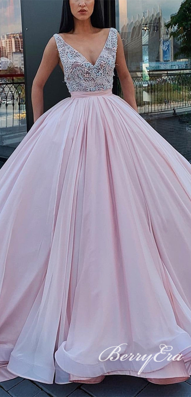 V-neck Long A-line Pink Prom Dresses, Beaded Long Prom Dresses, Ball Gown Prom Dresses