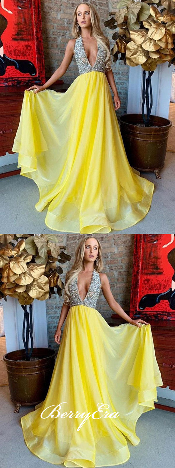 Halter Sexy V-neck Beaded Organza Prom Dresses, Yellow Prom Dresses, Prom Dresses
