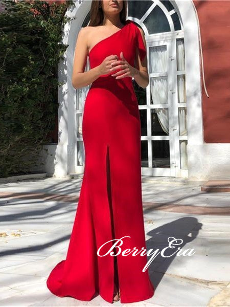 One Shoulder Long Sheath Prom Dresses, Red Prom Dresses, Side Slit Prom Dresses, Long Prom Dresses