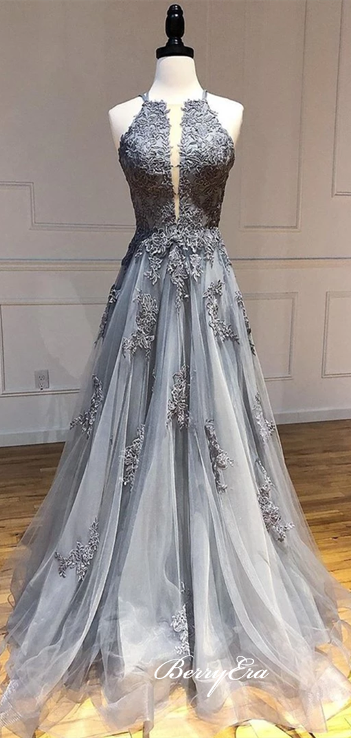 Grey Lace Appliques Long Prom Dresses, Tulle Prom Dresses, Popular Prom Dresses