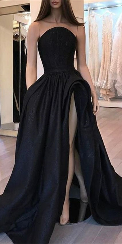 Illusion Long Black Satin Prom Dresses, High Side Slit Prom Dresses, Popular Prom Dresses