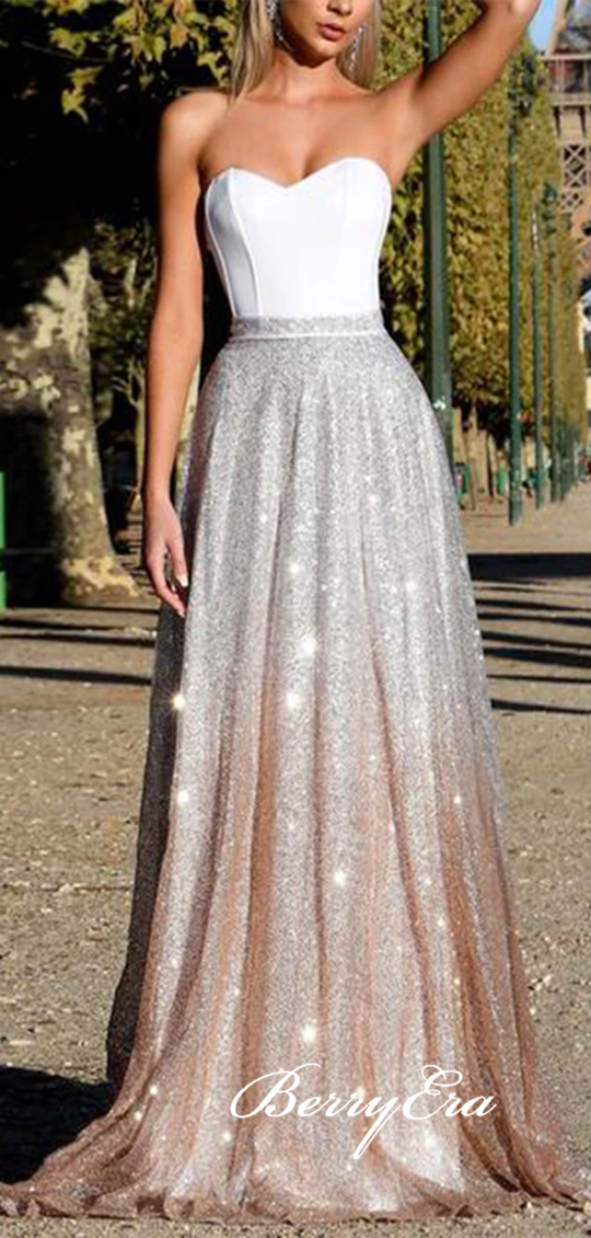 Sweetheart Long A-line Gradient Sequin Prom Dresses, Silver-Champagne Gold Prom Dresses, 2020 Prom Dresses
