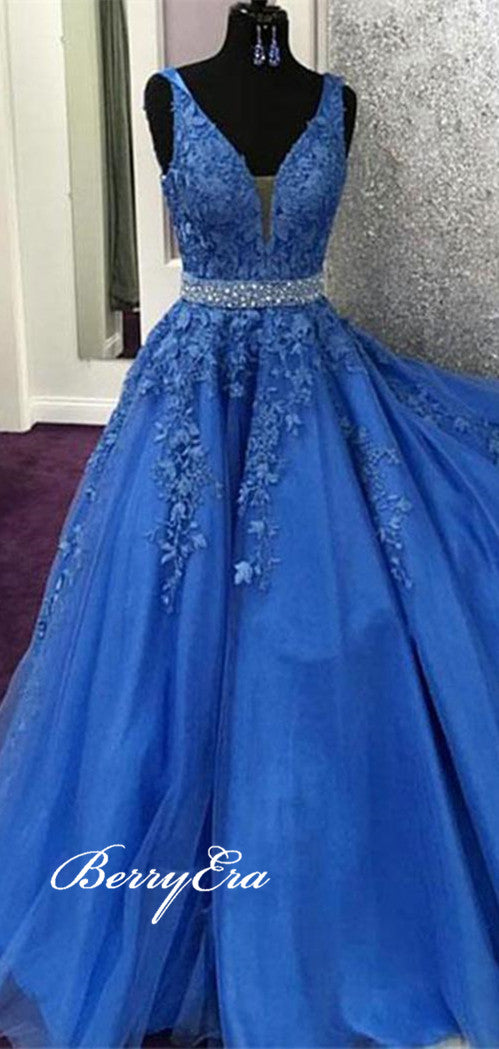 V-neck Blue Lace Beaded Long Prom Dresses, Newest Prom Dresses