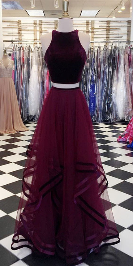 Pieces Velvet Top A-line Tulle Skirt Long Prom Dresses – Berryera