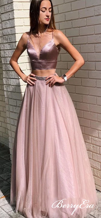 2 Pieces Dusty Rose Satin Top Tulle Long Prom Dresses, Newest Prom Dresses, Prom Dresses