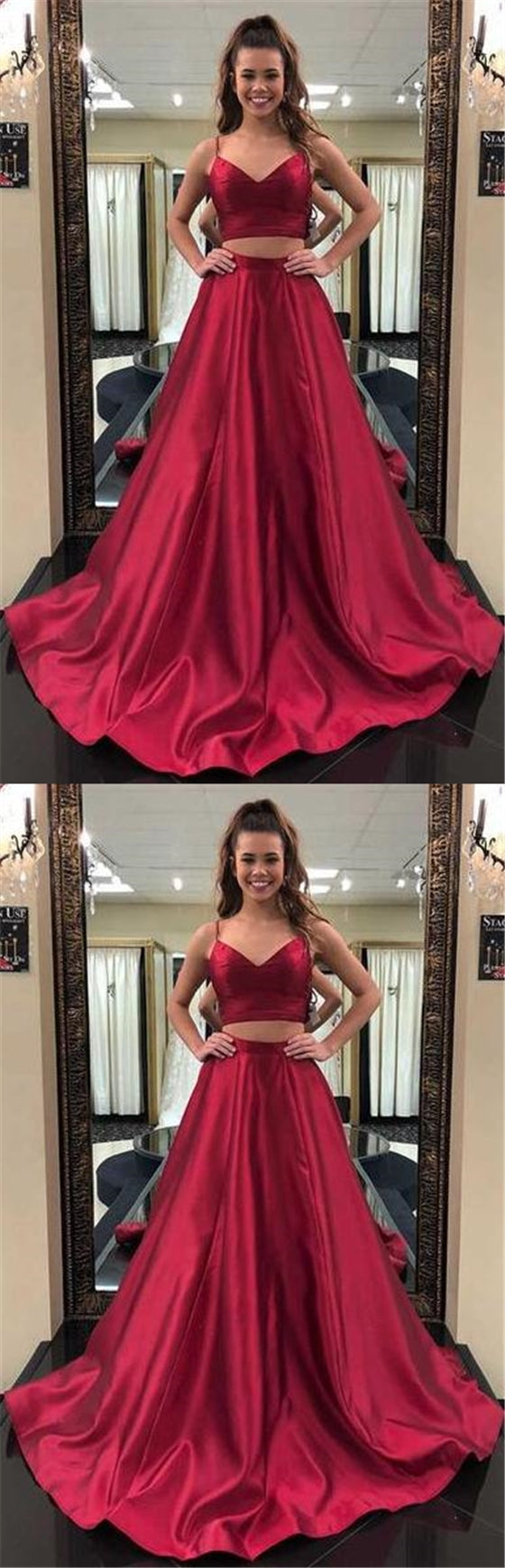 2 Pieces Long A-line Red Satin Simple Design Prom Dresses