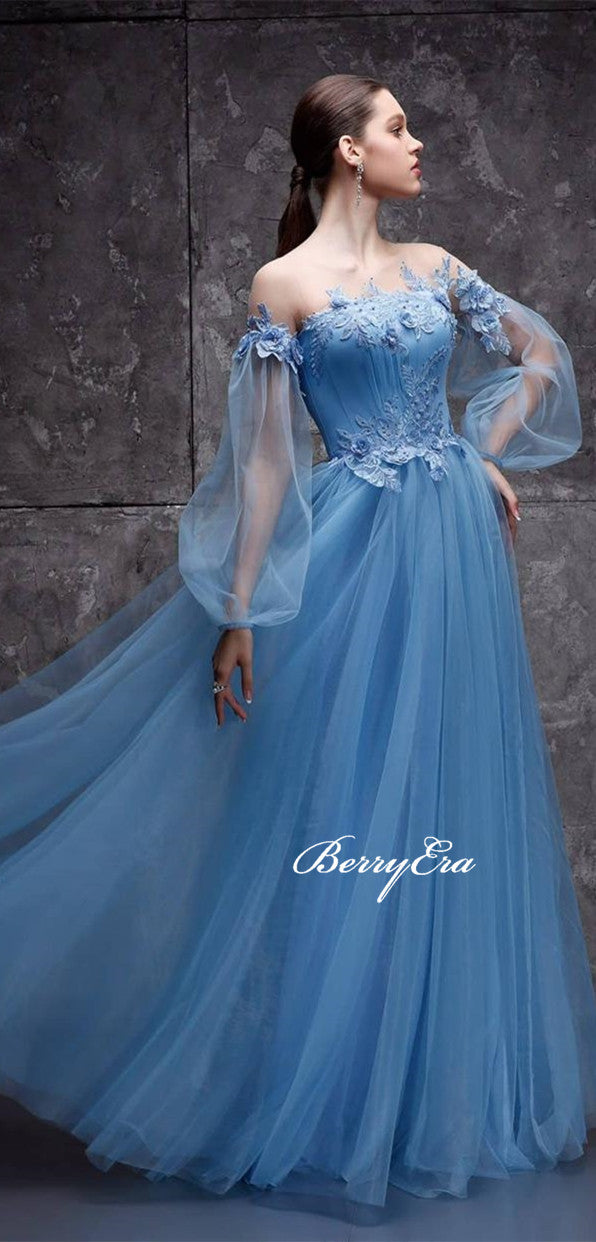 Off Shoulder Long Sleeves Blue Tulle Lace Prom Dresses, Lovely Prom Dresses, Affordable Prom Dresses