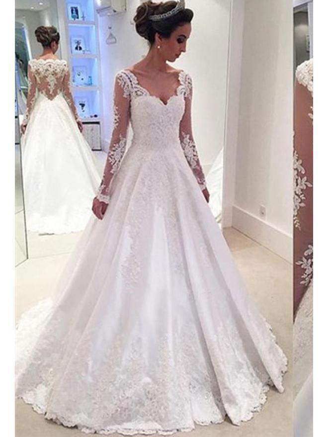 Long Sleeves A-line Lace Satin Wedding Dresses – Berryera