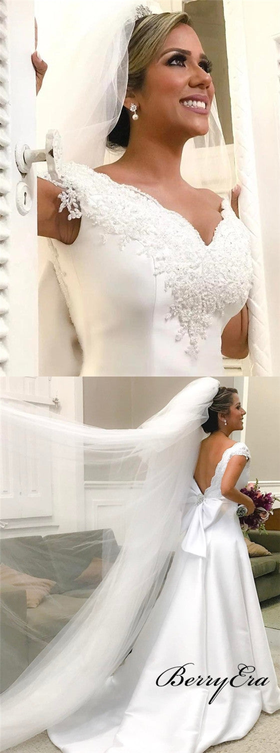 Cap Sleeves Long A-line Off White Satin Lace Wedding Dresses