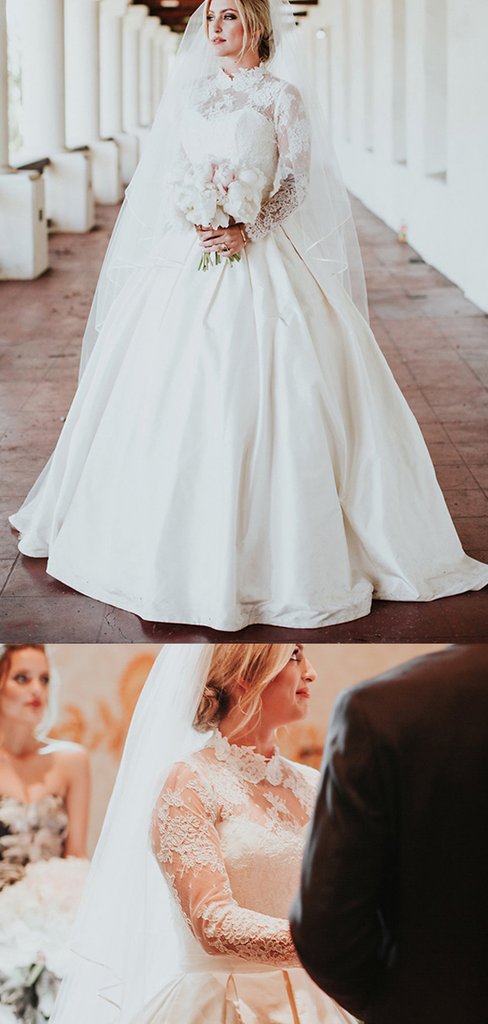 Long Sleeves A-line Satin Lace Wedding Dresses, Bridal Gown