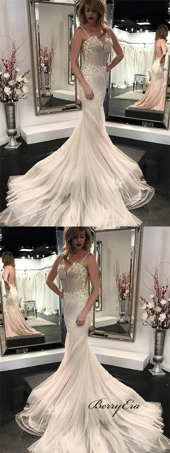 Spaghetti Long Mermaid Lace Tulle Backless Wedding Dresses
