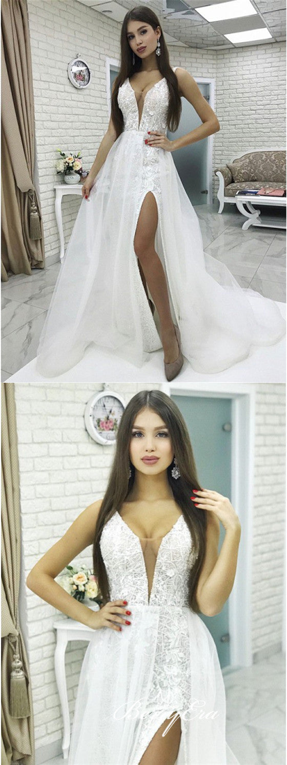 V-neck Lace Tulle Side Slit Long Wedding Dresses, Simple Bridal Gown