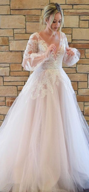 V-neck Long Sleeves Tulle Lace Wedding Dresses, Country Wedding Dresses, Long Wedding Dresses