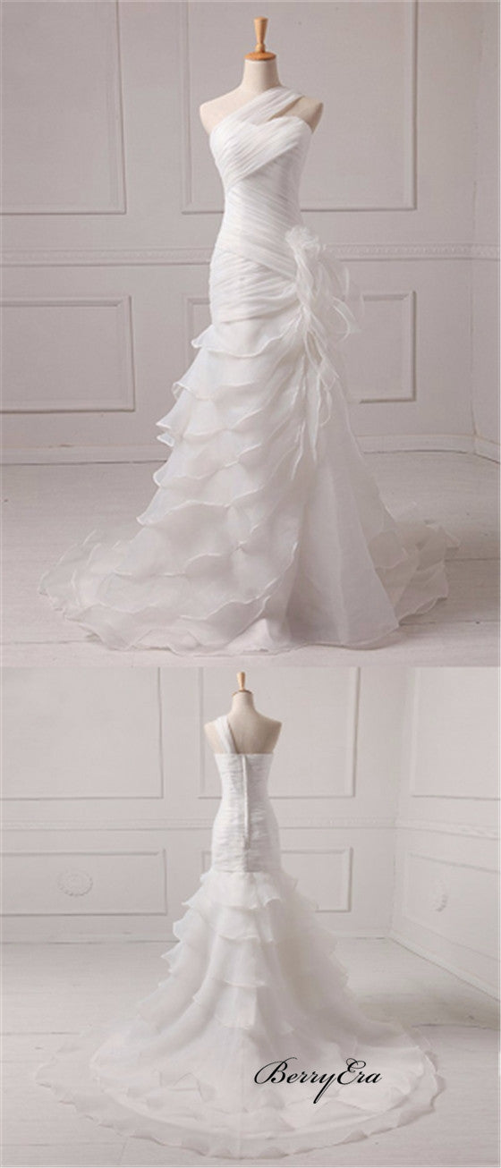 One Shoulder Ivory Organza Long Wedding Dresses
