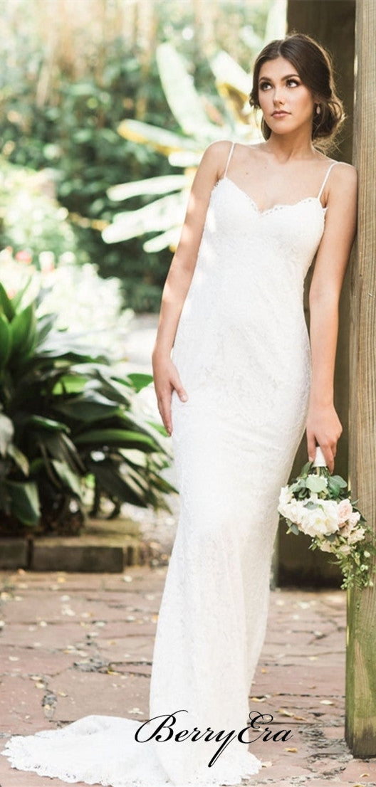 Spaghetti Long Mermaid Ivory Lace Wedding Dresses, Simple Long Lace Wedding Dresses, Bridal Gown