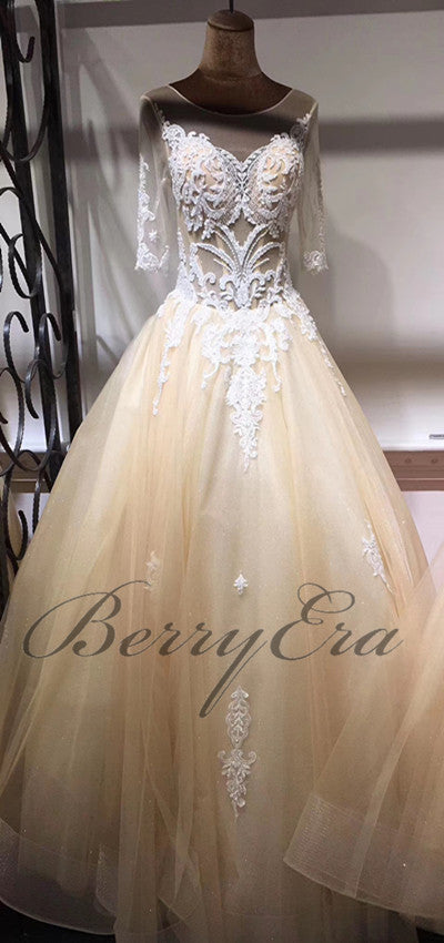 Half Sleeves Round Neck A-line Wedding Dresses, Tulle Lace Unique Bridal Gown