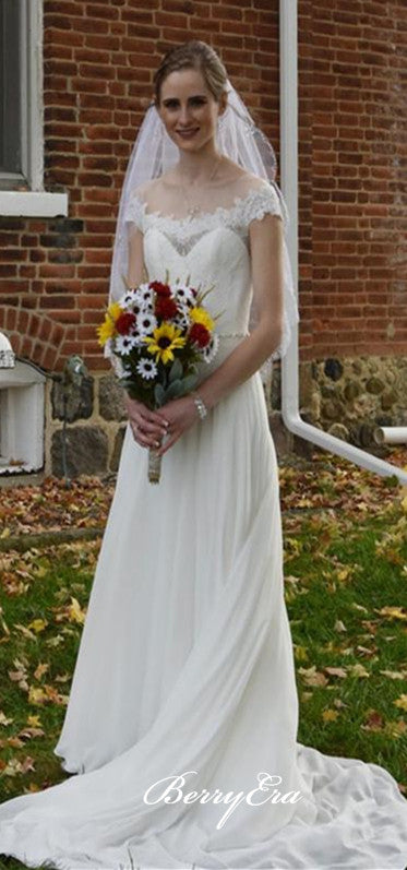 Off Shoulder Long A-line Lace Chiffon Wedding Dresses With Veil