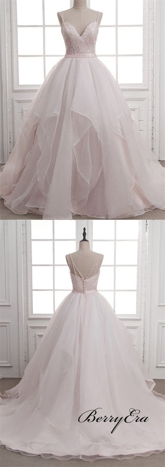 Spaghetti A-line Tulle Lace Wedding Dresses, Elegant Wedding Dresses, Bridal Gown
