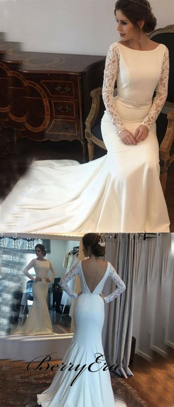 Long Sleeves Lace Ivory Mermaid Wedding Dresses Bridal Gown Dresses