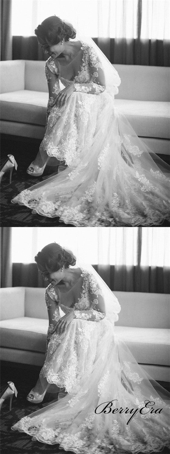 Long Sleeves Lace Tulle Mermaid Wedding Dresses, Bridal Gown