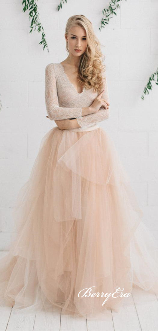 V-neck Long Sleeves Lace Top Champagne Tulle Wedding Dresses
