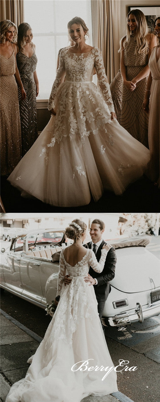 Long Sleeves Aa-line Lace Tulle V-back Wedding Dresses
