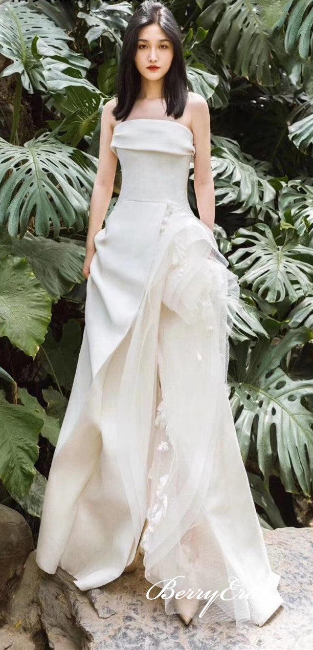 Strapless Ivory Long Sheath Wedding Dresses, Side Slit Chic Wedding Dresses, Country Wedding Dresses