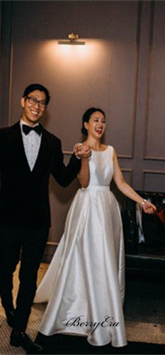 Simple Elegant Satin Wedding Dresses, Long A-line Wedding Dresses, Bridal Gown